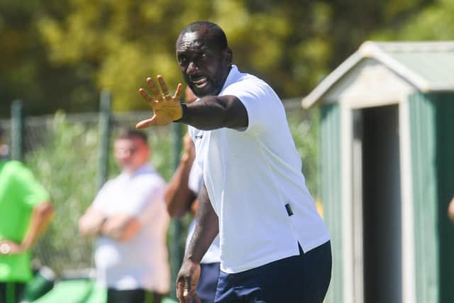 Jimmy Floyd Hasselbaink issues instructions to his team during their 4-2 pre-season friendly defeat by Hibs in the Algarve