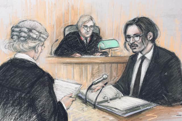 Court artist sketch by Elizabeth Cook of Johnny Depp (right) being cross-examined by Sasha Wass QC (left) before Mr Justice Nicol, at the High Court in London.
