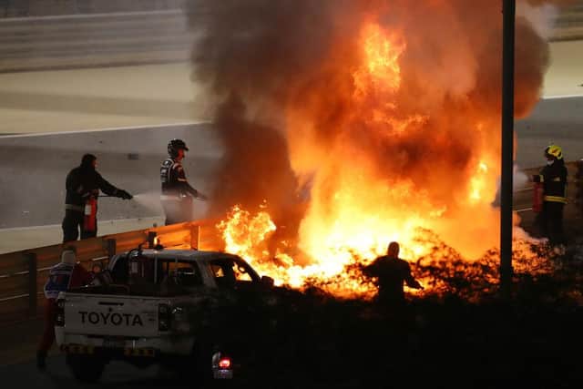 A fire is pictured following the crash of Romain Grosjean of France and Haas F1 during the F1 Grand Prix of Bahrain. (Pic: Getty Images)