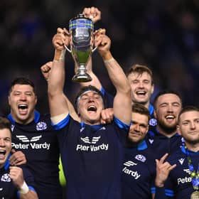 Scotland captain Jamie Ritchie lifts the Doddie Weir Cup after the 35-7 win over Wales at BT Murrayfield.