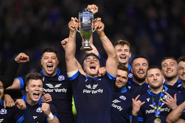 Scotland captain Jamie Ritchie lifts the Doddie Weir Cup after the 35-7 win over Wales at BT Murrayfield.