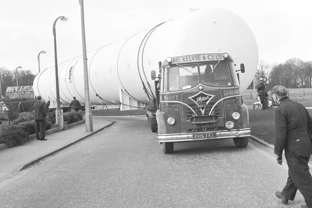 Propane gas storage vessel at Silverknowes roundabout on its way to Granton Gas Works, 1966.