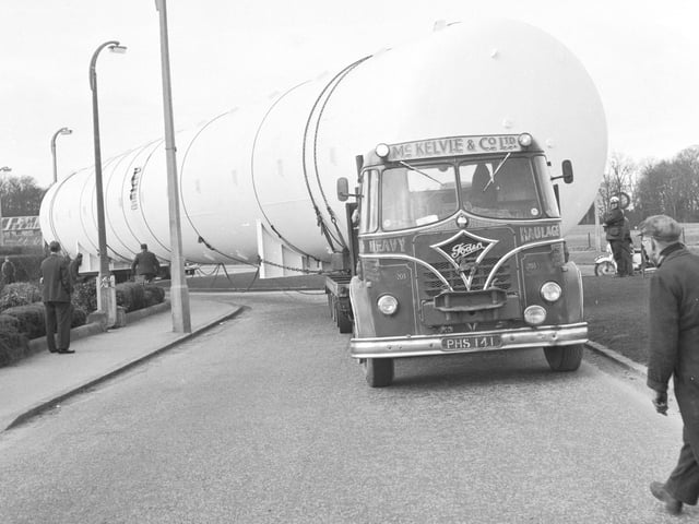 Propane gas storage vessel at Silverknowes roundabout on its way to Granton Gas Works, 1966.