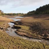 A drought at Threipmuir Reservoir in the Pentland Hills, near Edinburgh, following a long, hot summer in 2018. This view is looking across part of the deeply-cracked reservoir bed which would normally be under water.