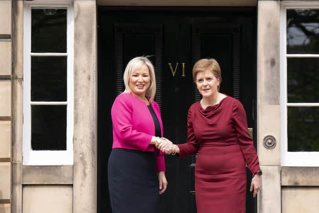 First Minister Nicola Sturgeon welcomes Sinn Fein Vice President Michelle O'Neill ahead of a meeting at Bute House on Friday