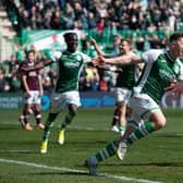 Kevin NIsbet celebrates his winning goal against Hearts in the Edinburgh derby. (Photo by Paul Devlin / SNS Group)