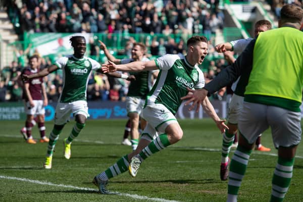 Kevin NIsbet celebrates his winning goal against Hearts in the Edinburgh derby. (Photo by Paul Devlin / SNS Group)