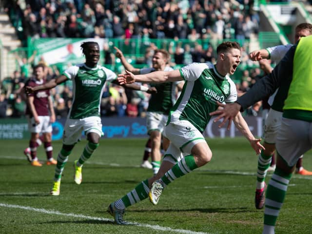 Kevin NIsbet celebrates his winning goal against Hearts in the Edinburgh derby. (Photo by Paul Devlin / SNS Group)