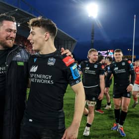 Glasgow Warriors' Zander Fagerson and Jamie Dobie celebrate after the win over Munster at Thomond Park last season. (Photo by Dan Sheridan/INPHO/Shutterstock)