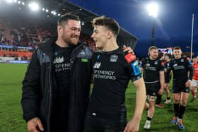 Glasgow Warriors' Zander Fagerson and Jamie Dobie celebrate after the win over Munster at Thomond Park last season. (Photo by Dan Sheridan/INPHO/Shutterstock)