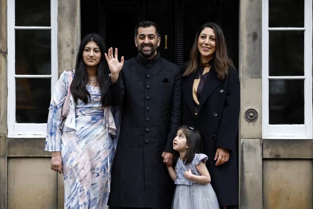 Humza Yousaf and his wife Councillor Nadia El-Nakla with daughter Maya and stepdaughter Amal entering Bute House after he came First Minister.