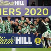 Celtic celebrate their historic quadruple treble as the 2019-20 season was formally concluded on the same weekend they went 16 points behind Rangers in the 2020-21 Premiership title race. (Photo by Ian MacNicol/Getty Images)