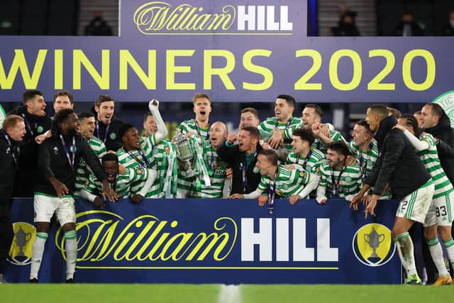 Celtic celebrate their historic quadruple treble as the 2019-20 season was formally concluded on the same weekend they went 16 points behind Rangers in the 2020-21 Premiership title race. (Photo by Ian MacNicol/Getty Images)