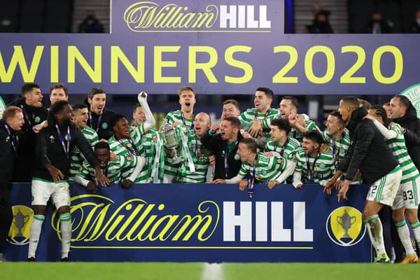 Celtic celebrate their historic quadruple treble as the 2019-20 season was formally concluded on the same weekend they went 16 points behind Rangers in the 2020-21 Premiership title race. (Photo by Ian MacNicol/Getty Images)