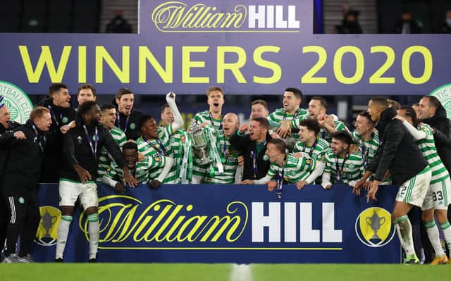 Celtic celebrate their historic quadruple treble as the 2019-20 season was formally concluded on the same weekend they went 16 points behind Rangers in the 2020-21 Premiership title race. (Photo by Ian MacNicol/Getty Images)