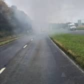 The bus caught fire on the road between Glenrothes and Kinglassie.