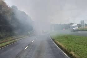 The bus caught fire on the road between Glenrothes and Kinglassie.