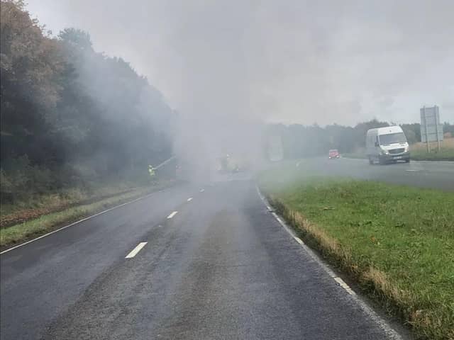 The bus caught fire on the road between Glenrothes and Kinglassie.