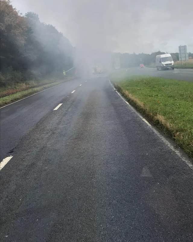 The bus caught fire on the road between Glenrothes and Kinglassie.