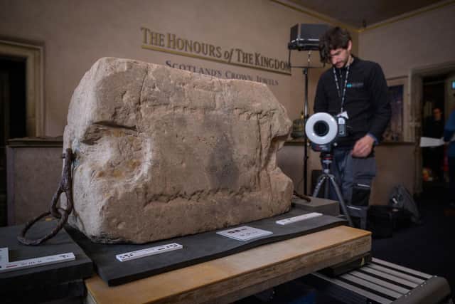 Historic Environment Scotland's conservation and digital documentation teams carrying out work to 3D scan and prepare the Stone of Destiny. Picture: Historic Environment Scotland/Santiago Arribas pena/PA Wire