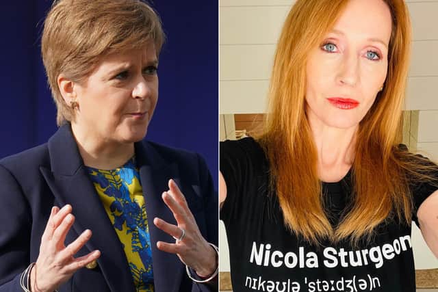 JK Rowling (right) and Nicola Sturgeon are on opposite sides of the gender debate (Pictures: PA/JK Rowling/Twitter)