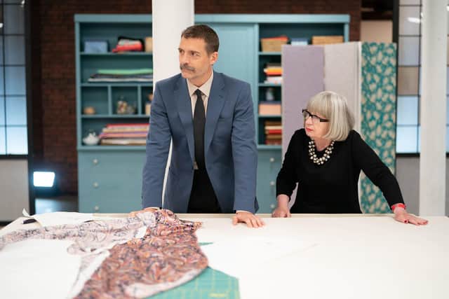 Esme Young with fellow Sewing Bee judge Patrick Grant. Pic: BBC/Love Productions/James Stack