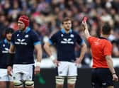 Scotland's Grant Gilchrist was sent off against France by Georgian referee Nika Amashukeli.  (Photo by ANNE-CHRISTINE POUJOULAT/AFP via Getty Images)