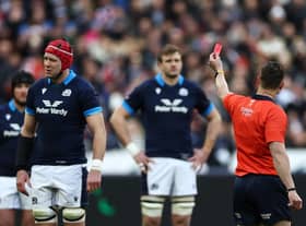 Scotland's Grant Gilchrist was sent off against France by Georgian referee Nika Amashukeli.  (Photo by ANNE-CHRISTINE POUJOULAT/AFP via Getty Images)