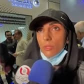 This image grab from footage obtained from Iranian State TV IRIB on October 19, 2022 shows Elnaz Rekabi, an Iranian climber who caused a sensation by competing at an event abroad without a hijab, giving an interview upon her arrival at Imam Khomeini International Airport in Tehran.(Photo by -/AFP via Getty Images)
