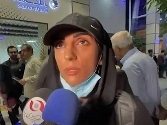 This image grab from footage obtained from Iranian State TV IRIB on October 19, 2022 shows Elnaz Rekabi, an Iranian climber who caused a sensation by competing at an event abroad without a hijab, giving an interview upon her arrival at Imam Khomeini International Airport in Tehran.(Photo by -/AFP via Getty Images)