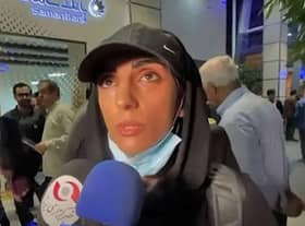 This image grab from footage obtained from Iranian State TV IRIB on October 19, 2022 shows Elnaz Rekabi, an Iranian climber who caused a sensation by competing at an event abroad without a hijab, giving an interview upon her arrival at Imam Khomeini International Airport in Tehran.(Photo by -/AFP via Getty Images)