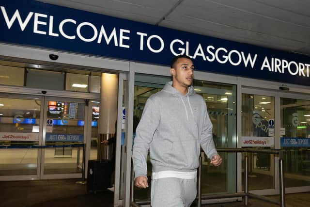 Celtic transfer target Adam Idah arrives at Glasgow Airport, on January 31, 2024, in Glasgow, Scotland.  (Photo by Craig Foy / SNS Group)