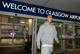 Celtic transfer target Adam Idah arrives at Glasgow Airport, on January 31, 2024, in Glasgow, Scotland.  (Photo by Craig Foy / SNS Group)