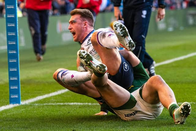 Scotland’s Stuart Hogg celebrates his second try of the match against South Africa.  (Photo by Ross Parker / SNS Group)