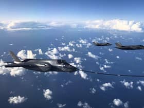 A F-35B combat aircraft from the United States Marine Corp refuels from an RAF Voyager aircraft over the North Sea on October 08, 2020 in flight, above Scotland. Pictures: Leon Neal.