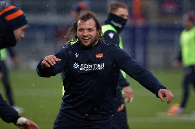 Pierre Schoeman enjoys a training session in the sleet with Edinburgh. (Photo by Craig Williamson / SNS Group)