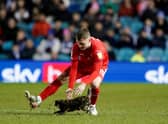 Wigan Athletic's Jason Kerr attempts to remove a cat from the pitch during the Sky Bet League One match at Hillsborough, Sheffield. Pic: Zac Goodwin/PA Wire.