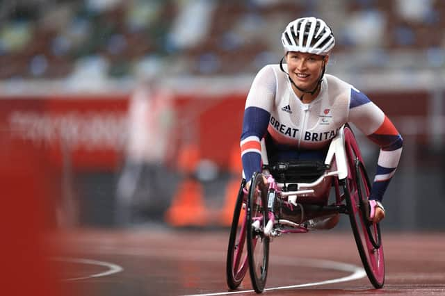 Sammi Kinghorn smiles after winning silver in the Women’s 400m - T53 final at the Tokyo Paralympic Games. (Photo by Buda Mendes/Getty Images)