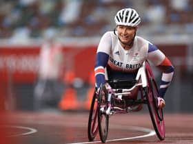 Sammi Kinghorn smiles after winning silver in the Women’s 400m - T53 final at the Tokyo Paralympic Games. (Photo by Buda Mendes/Getty Images)