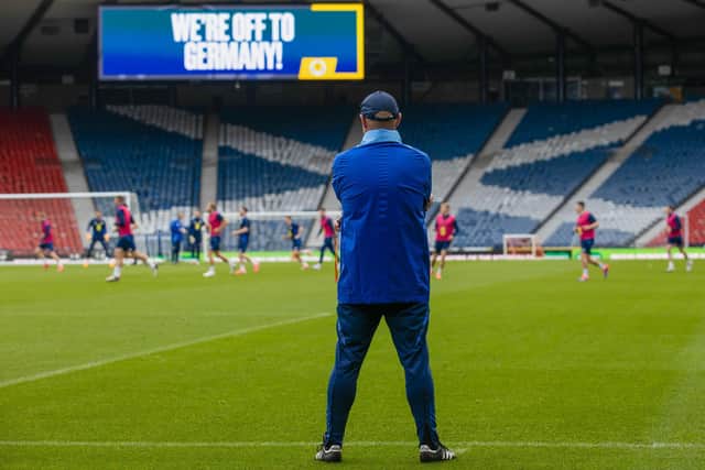 Scotland head coach Steve Clarke watches on during a training session on Thursday at Hampden.
