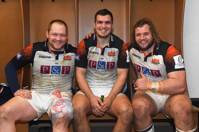 Edinburgh have a good recent record against French clubs and Stuart McInally, centre, is pictured with Willem Nel, left, and Pierre Schoeman after the win over Toulon in 2019.