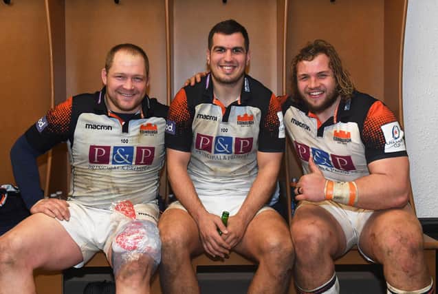 Edinburgh have a good recent record against French clubs and Stuart McInally, centre, is pictured with Willem Nel, left, and Pierre Schoeman after the win over Toulon in 2019.