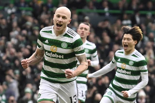 Celtic's Aaron Mooy celebrates after opening the scoring from the penalty spot in the 5-0 win over Morton. (Photo by Rob Casey / SNS Group)