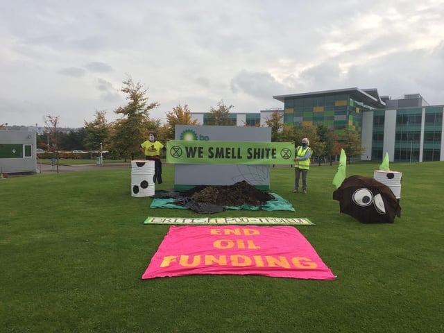 Extinction Rebellion activists protest outside BP's Aberdeen offices.