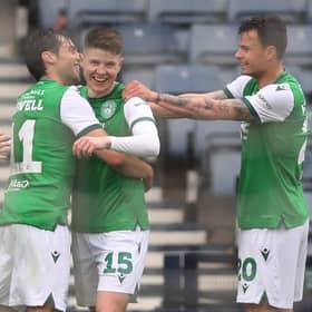 Kevin Nesbit celebrates scoring his team's opening goal during the Scottish Cup semi-final between Dundee United and Hibernian. (Photo by Ian MacNicol/Getty Images)