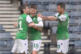 Kevin Nesbit celebrates scoring his team's opening goal during the Scottish Cup semi-final between Dundee United and Hibernian. (Photo by Ian MacNicol/Getty Images)