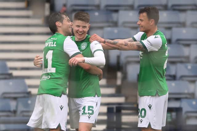 Kevin Nesbit celebrates scoring his team's opening goal during the Scottish Cup semi-final between Dundee United and Hibernian. (Photo by Ian MacNicol/Getty Images)