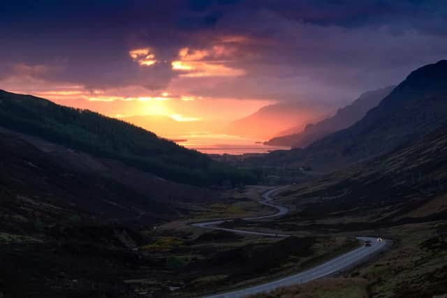 NC500 looking west from Glen Docharty towards Kinlochewe, Ross-shire, Scotland.