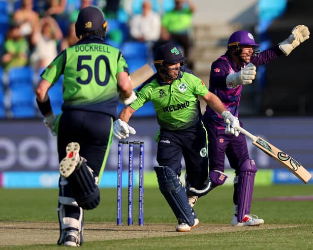 Ireland's Curtis Campher and George Dockrell run between the wickets as Scotland's wicketkeeper Matthew Cross shouts for fielding during the T20 World Cup match in Hobart.  (Photo by DAVID GRAY/AFP via Getty Images)