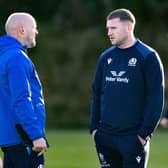 Scotland head coach Gregor Townsend chats with Finn Russell during a Scotland training session at the Oriam on Wednesday. (Photo by Craig Williamson / SNS Group)
